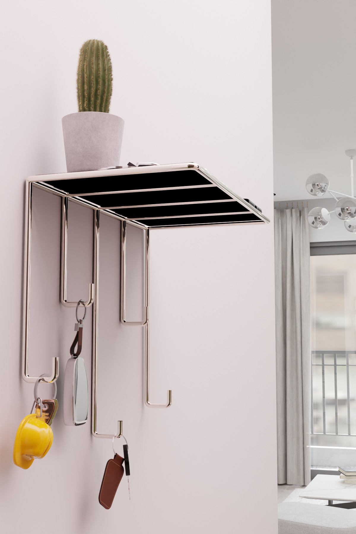 Gümüş Ayna Yüzeyli Duvar Rafı ve Anahtarlık Askılığı – Minimalist Metal Dekoratif Raf