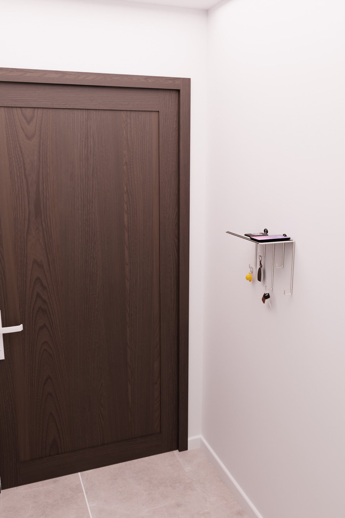 Gümüş Ayna Yüzeyli Duvar Rafı ve Anahtarlık Askılığı – Minimalist Metal Dekoratif Raf