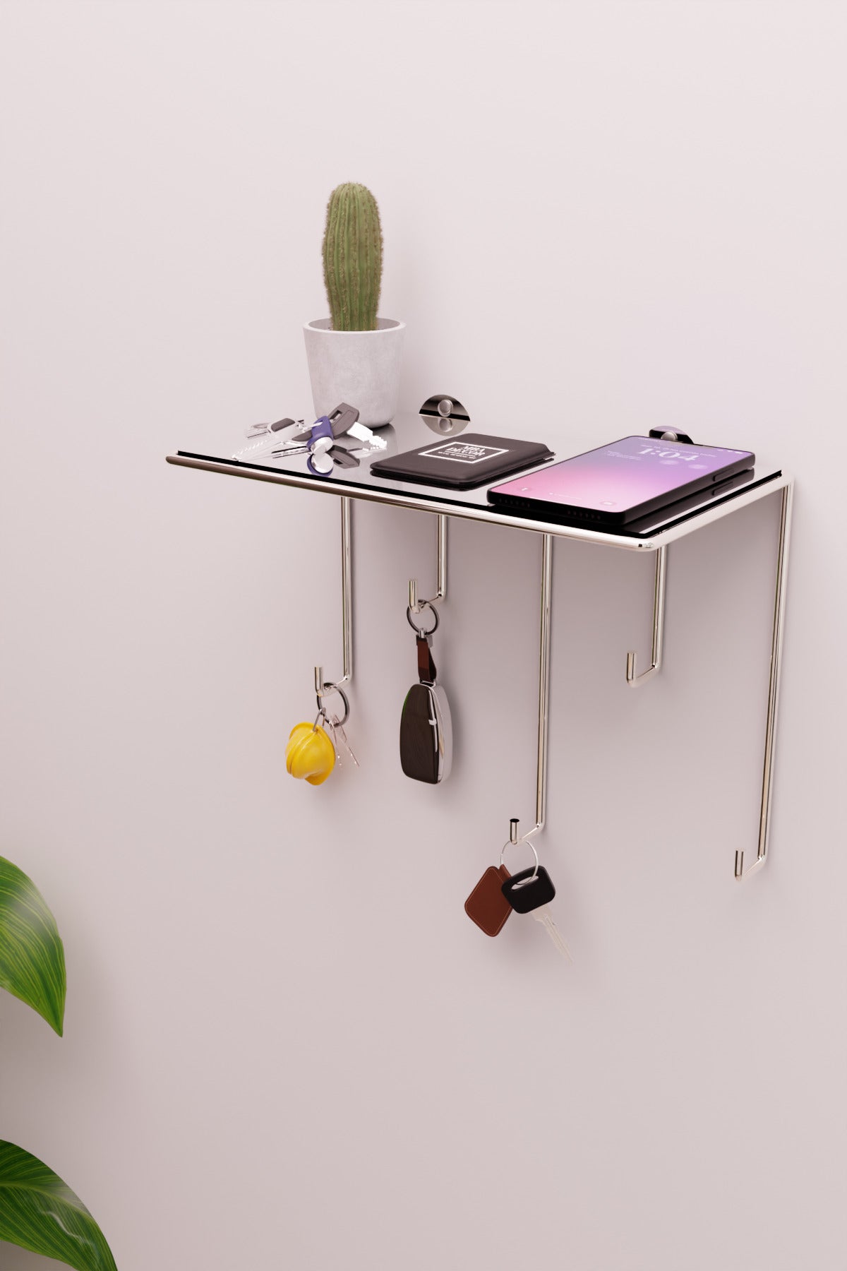 Gümüş Ayna Yüzeyli Duvar Rafı ve Anahtarlık Askılığı – Minimalist Metal Dekoratif Raf