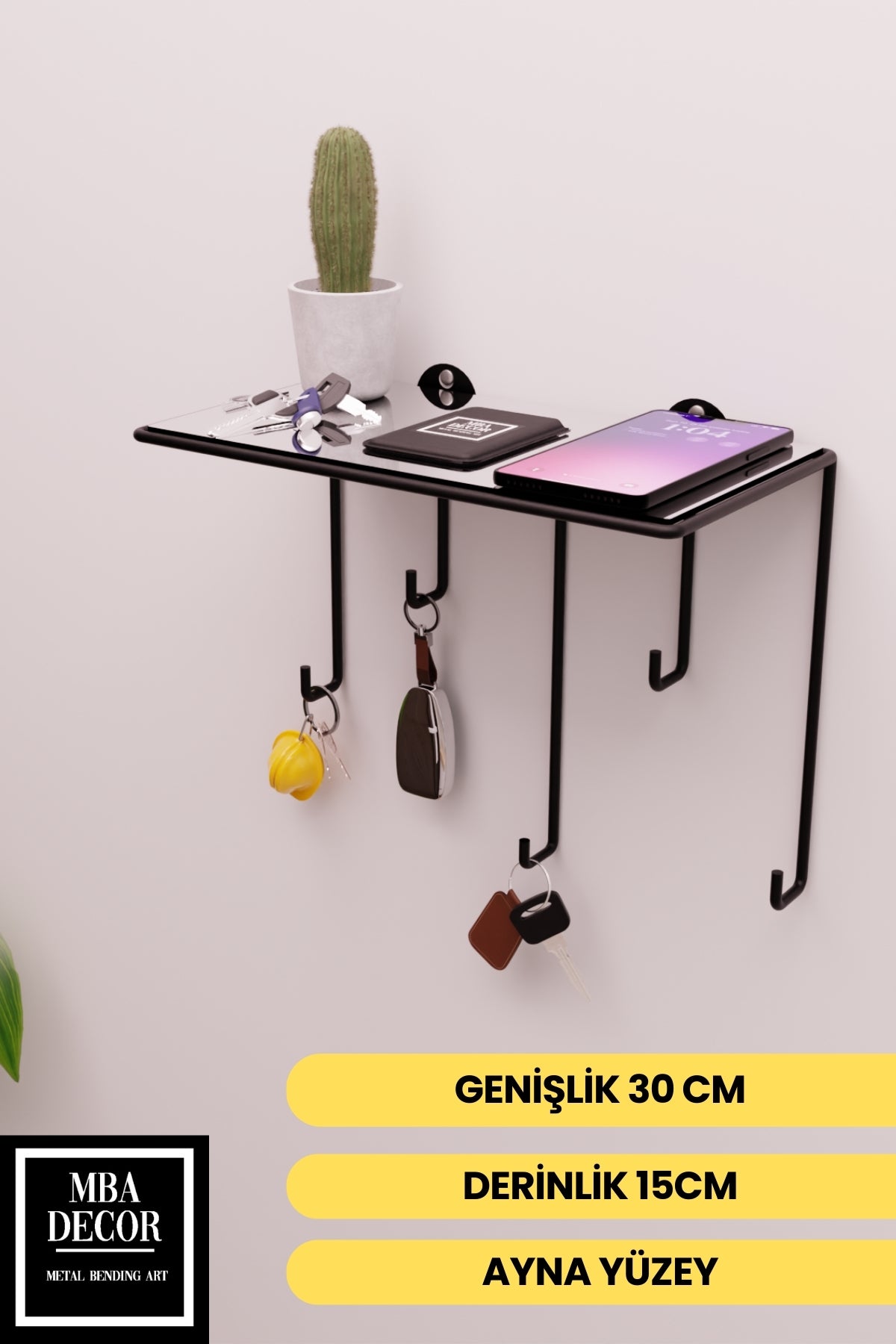 Siyah Ayna Yüzeyli Duvar Rafı ve Anahtarlık Askılığı – Minimalist Metal Dekoratif Raf