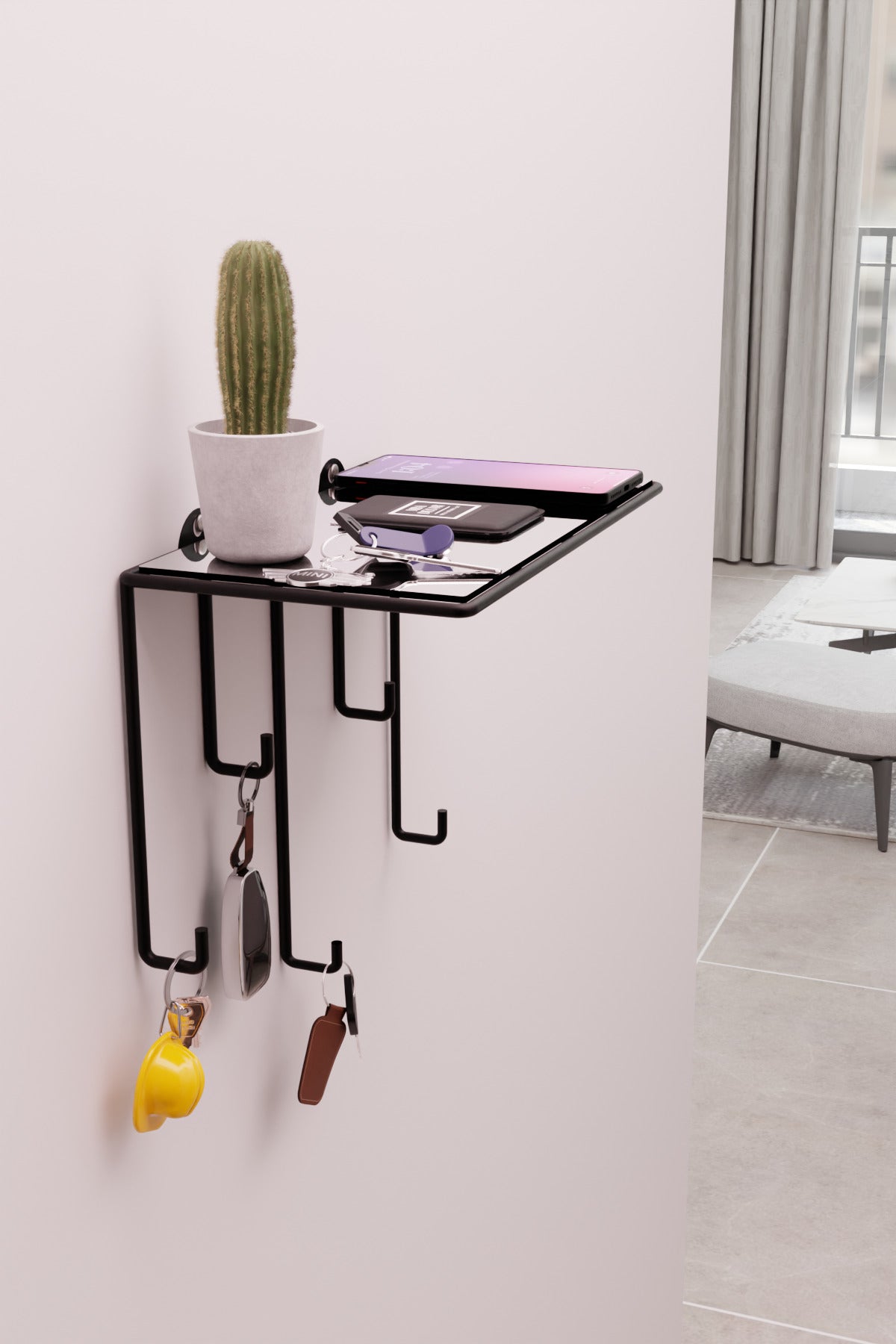 Siyah Ayna Yüzeyli Duvar Rafı ve Anahtarlık Askılığı – Minimalist Metal Dekoratif Raf