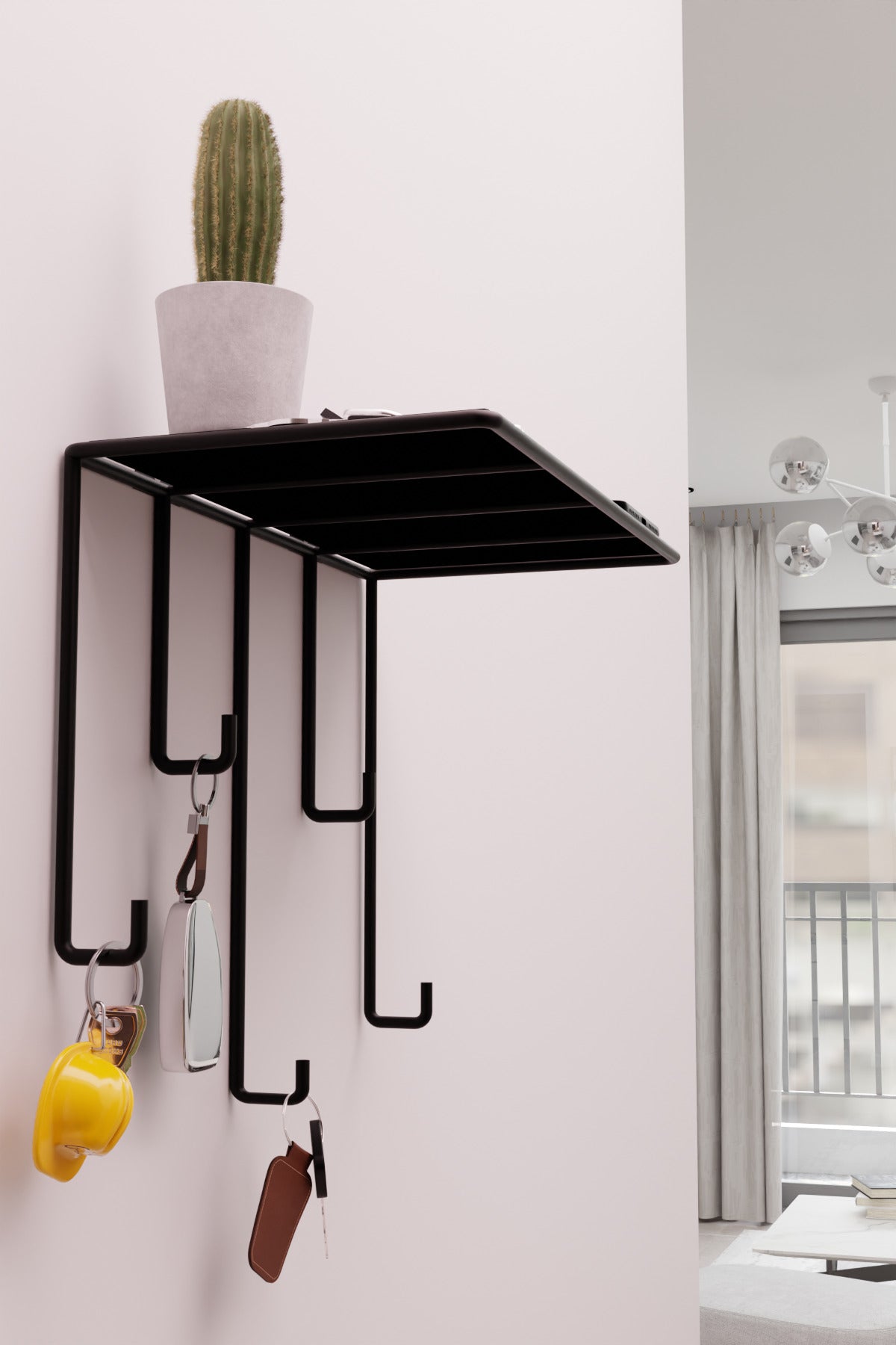 Siyah Ayna Yüzeyli Duvar Rafı ve Anahtarlık Askılığı – Minimalist Metal Dekoratif Raf