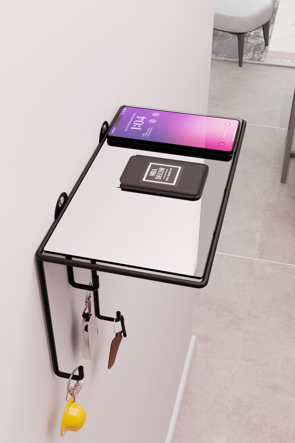 Siyah Ayna Yüzeyli Duvar Rafı ve Anahtarlık Askılığı – Minimalist Metal Dekoratif Raf