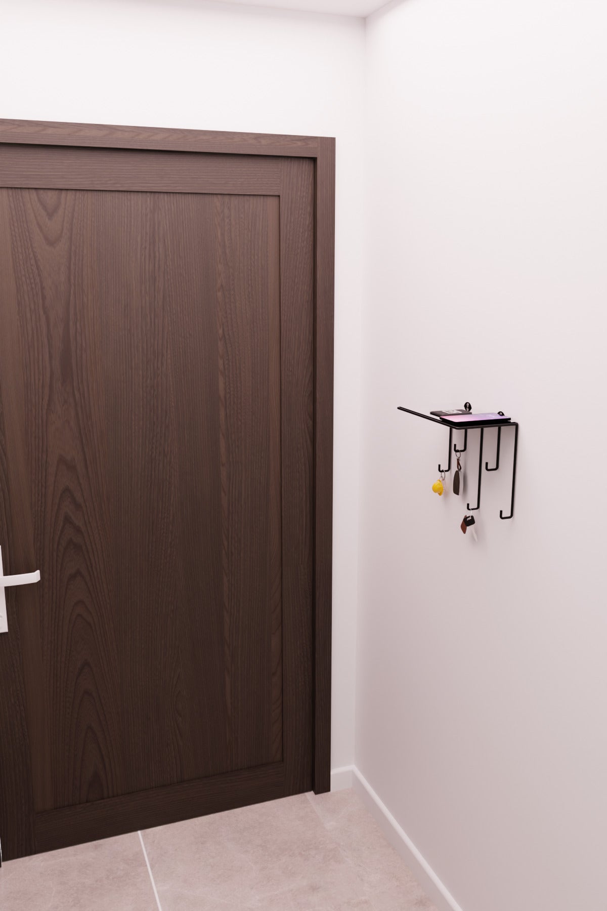 Siyah Ayna Yüzeyli Duvar Rafı ve Anahtarlık Askılığı – Minimalist Metal Dekoratif Raf