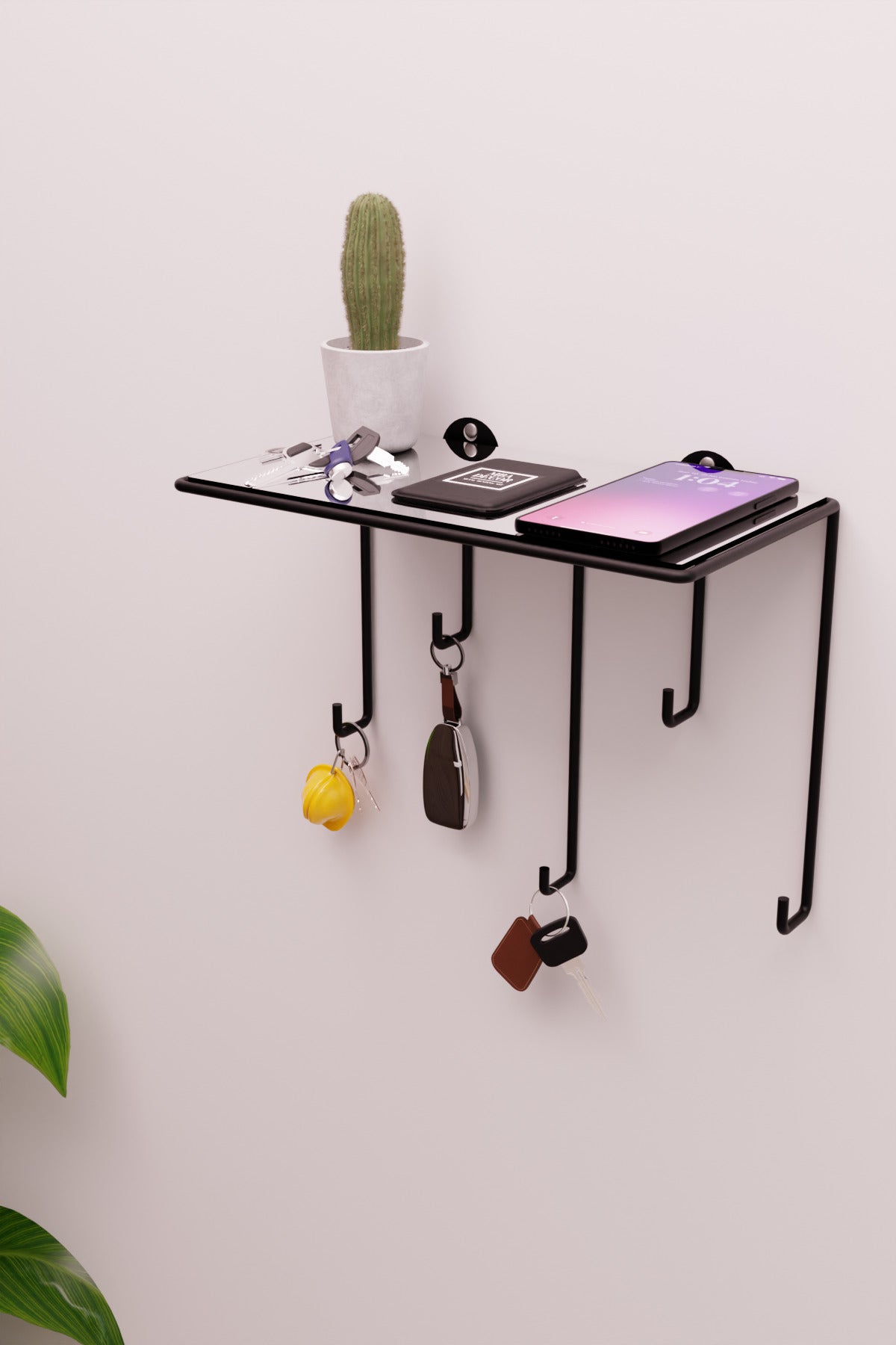 Siyah Ayna Yüzeyli Duvar Rafı ve Anahtarlık Askılığı – Minimalist Metal Dekoratif Raf