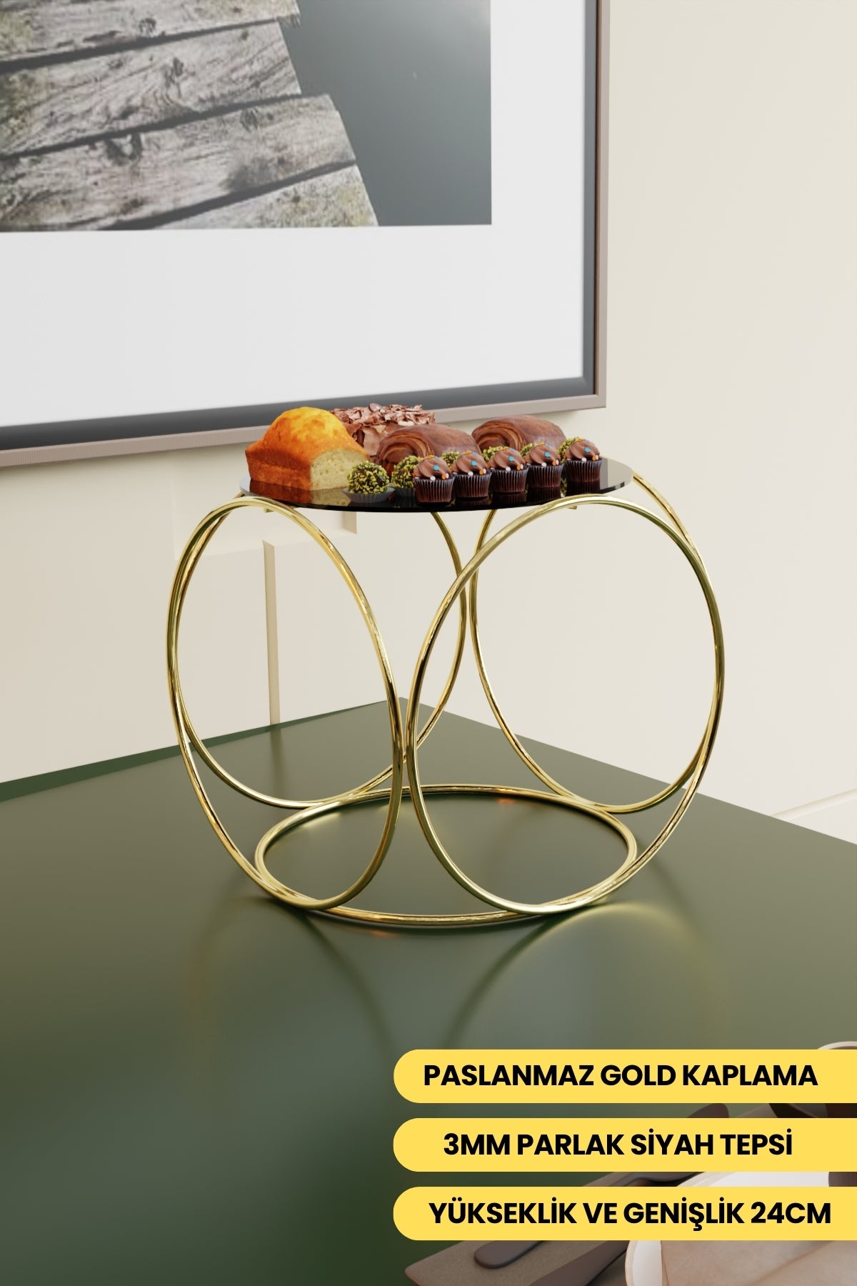 Gold Aura Metal Kahve Yanı Sunumluk Standı Kahve, Pasta, Çerez & Tatlı Servisi İçin Şık Sunum 24 cm