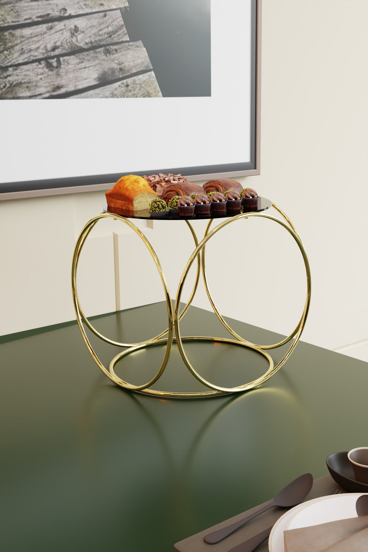 Gold Aura Metal Kahve Yanı Sunumluk Standı Kahve, Pasta, Çerez & Tatlı Servisi İçin Şık Sunum 24 cm