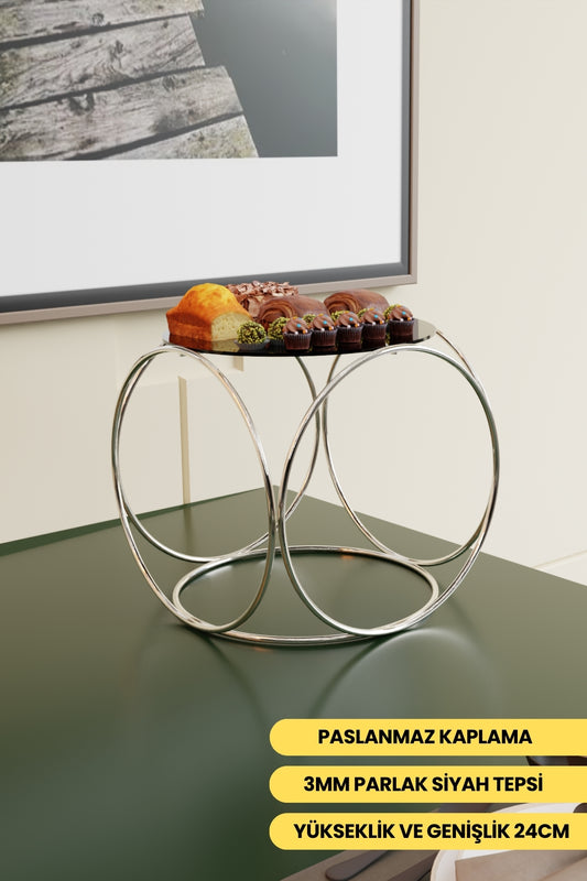 Gümüş Aura Metal Kahve Yanı Sunumluk Standı Kahve, Pasta, Çerez & Tatlı Servisi İçin Şık Sunum 24 cm