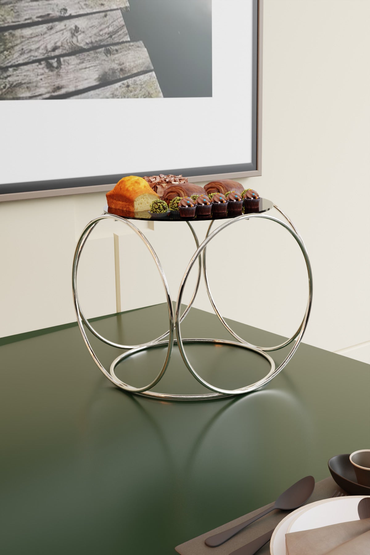 Gümüş Aura Metal Kahve Yanı Sunumluk Standı Kahve, Pasta, Çerez & Tatlı Servisi İçin Şık Sunum 24 cm