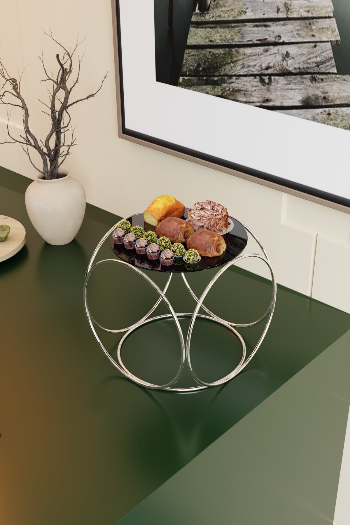 Gümüş Aura Metal Kahve Yanı Sunumluk Standı Kahve, Pasta, Çerez & Tatlı Servisi İçin Şık Sunum 24 cm