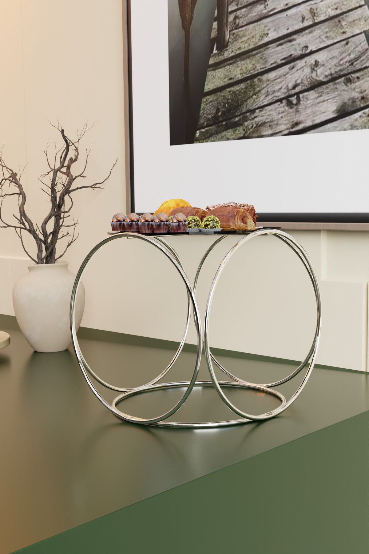 Gümüş Aura Metal Kahve Yanı Sunumluk Standı Kahve, Pasta, Çerez & Tatlı Servisi İçin Şık Sunum 24 cm