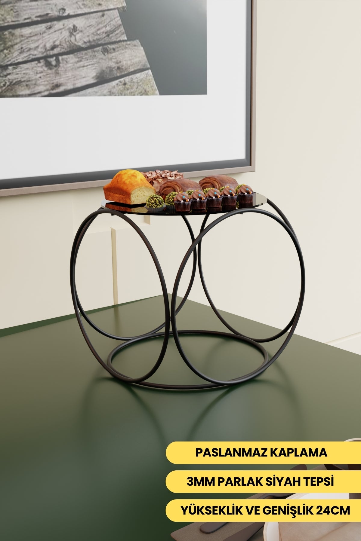 Siyah Aura Metal Kahve Yanı Sunumluk Standı Kahve, Pasta, Çerez & Tatlı Servisi İçin Şık Sunum 24 cm