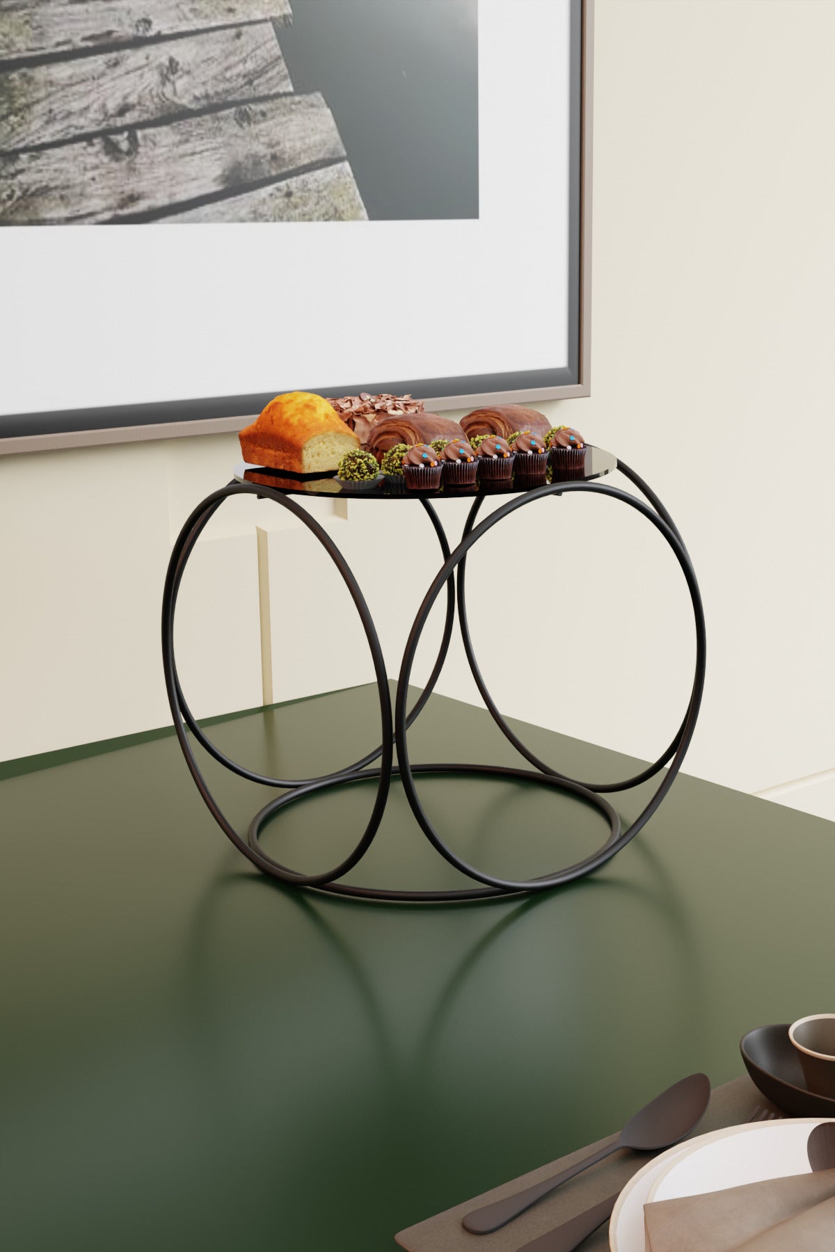 Siyah Aura Metal Kahve Yanı Sunumluk Standı Kahve, Pasta, Çerez & Tatlı Servisi İçin Şık Sunum 24 cm