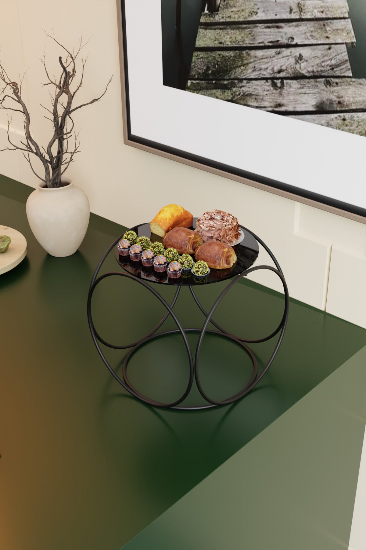 Siyah Aura Metal Kahve Yanı Sunumluk Standı Kahve, Pasta, Çerez & Tatlı Servisi İçin Şık Sunum 24 cm