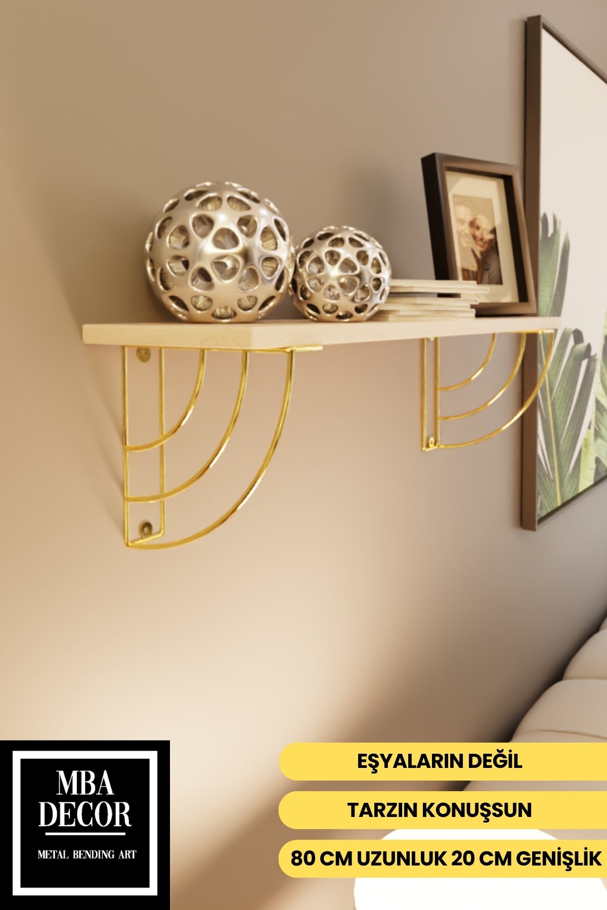 Dekoratif Gold Duvar Rafı | Modern Tasarım Masif Ahşap Raf | Şık ve Kullanışlı Raf Ünitesi