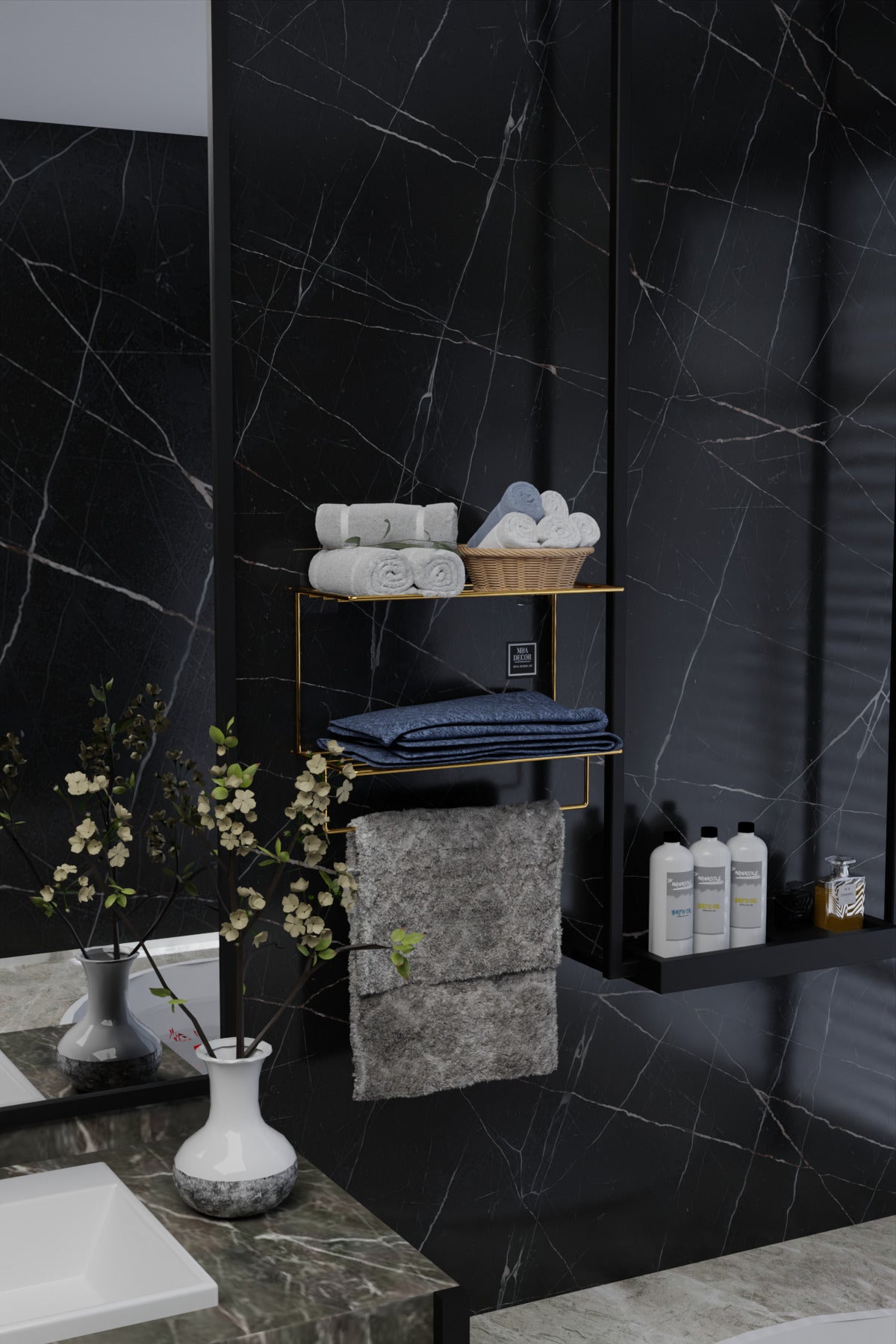 Gold Metal Yapışkanlı 2 Katlı Banyo Rafı | Havluluk Askılı Montaj Gerektirmeyen Duvar Rafı