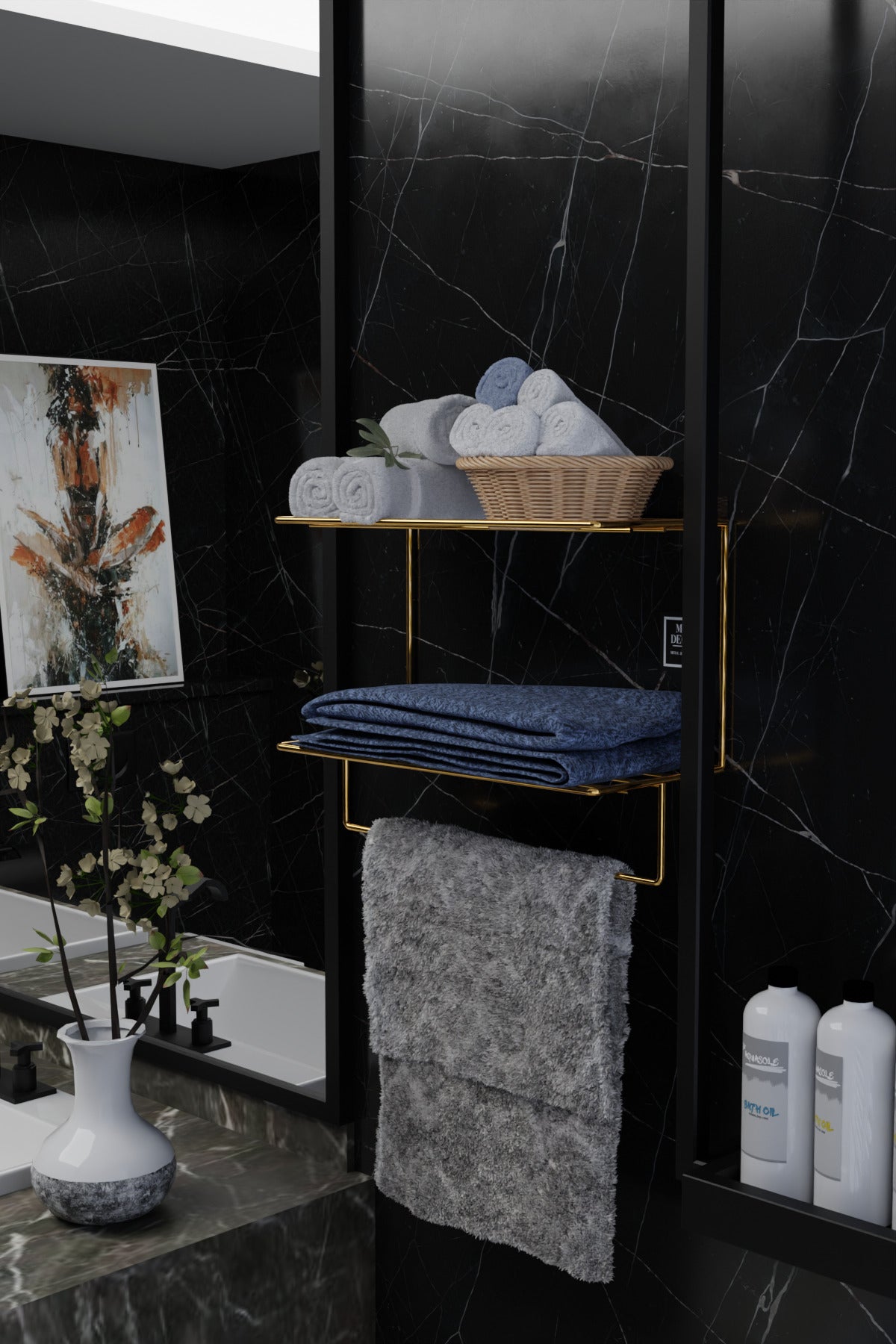 Gold Metal Yapışkanlı 2 Katlı Banyo Rafı | Havluluk Askılı Montaj Gerektirmeyen Duvar Rafı