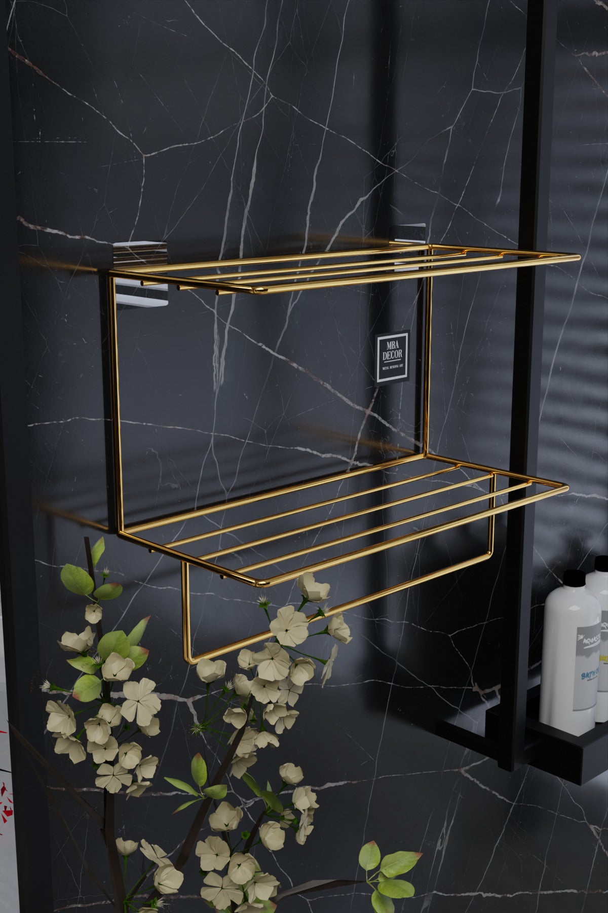Gold Metal Yapışkanlı 2 Katlı Banyo Rafı | Havluluk Askılı Montaj Gerektirmeyen Duvar Rafı