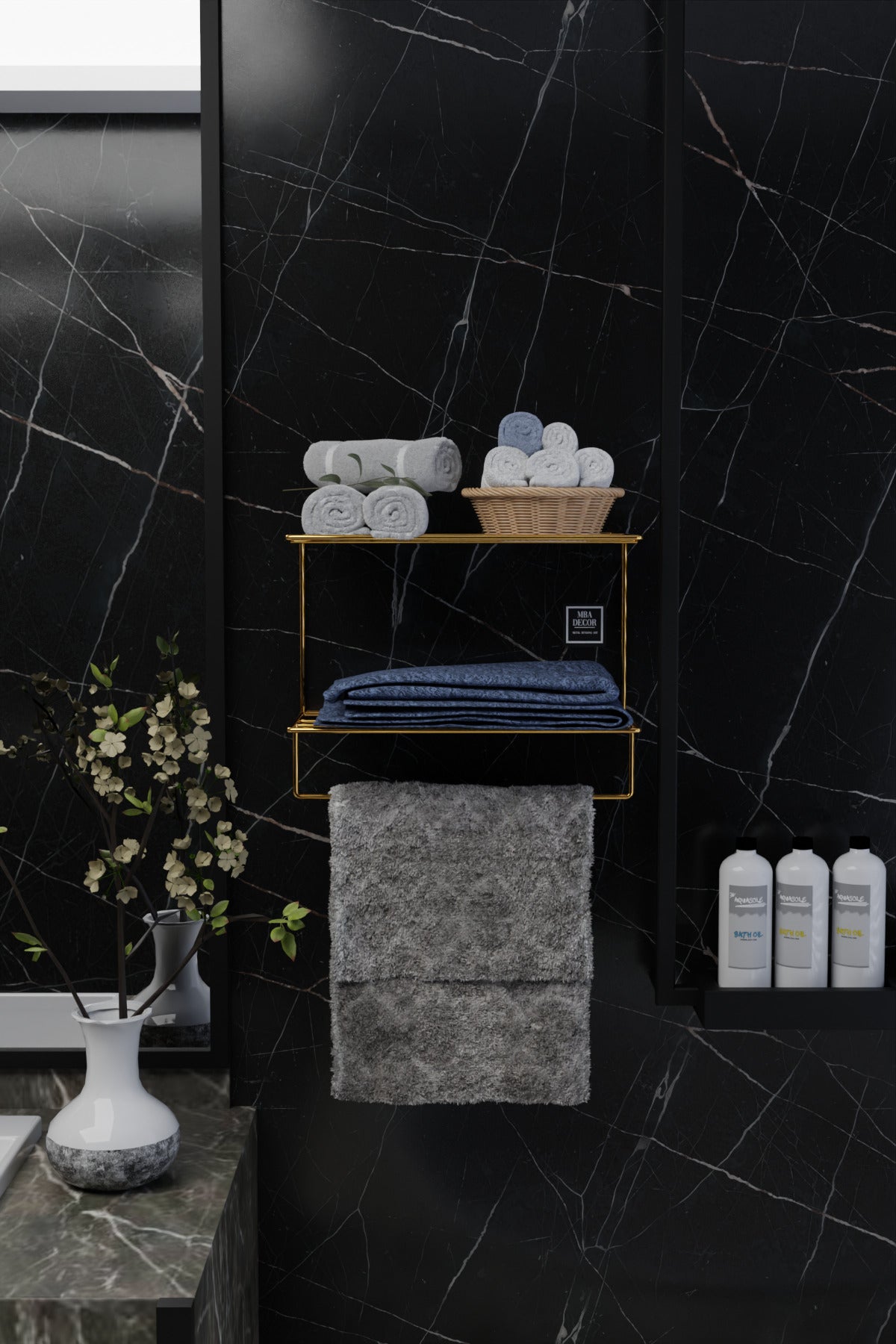 Gold Metal Yapışkanlı 2 Katlı Banyo Rafı | Havluluk Askılı Montaj Gerektirmeyen Duvar Rafı