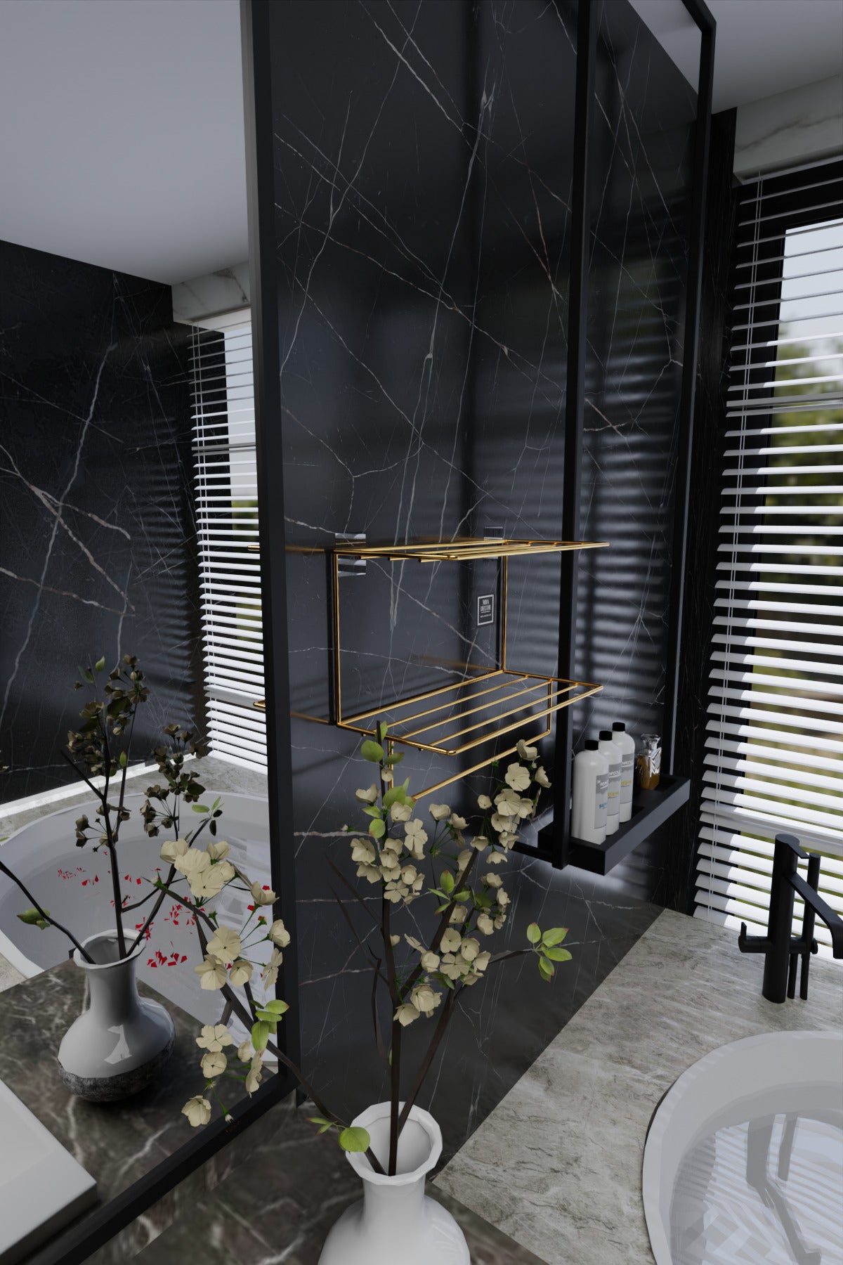 Gold Metal Yapışkanlı 2 Katlı Banyo Rafı | Havluluk Askılı Montaj Gerektirmeyen Duvar Rafı