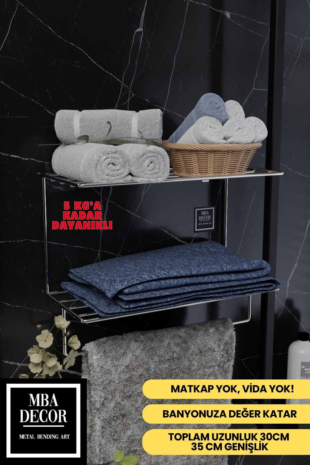 Gümüş Metal Yapışkanlı 2 Katlı Banyo Rafı | Havluluk Askılı Montaj Gerektirmeyen Duvar Rafı