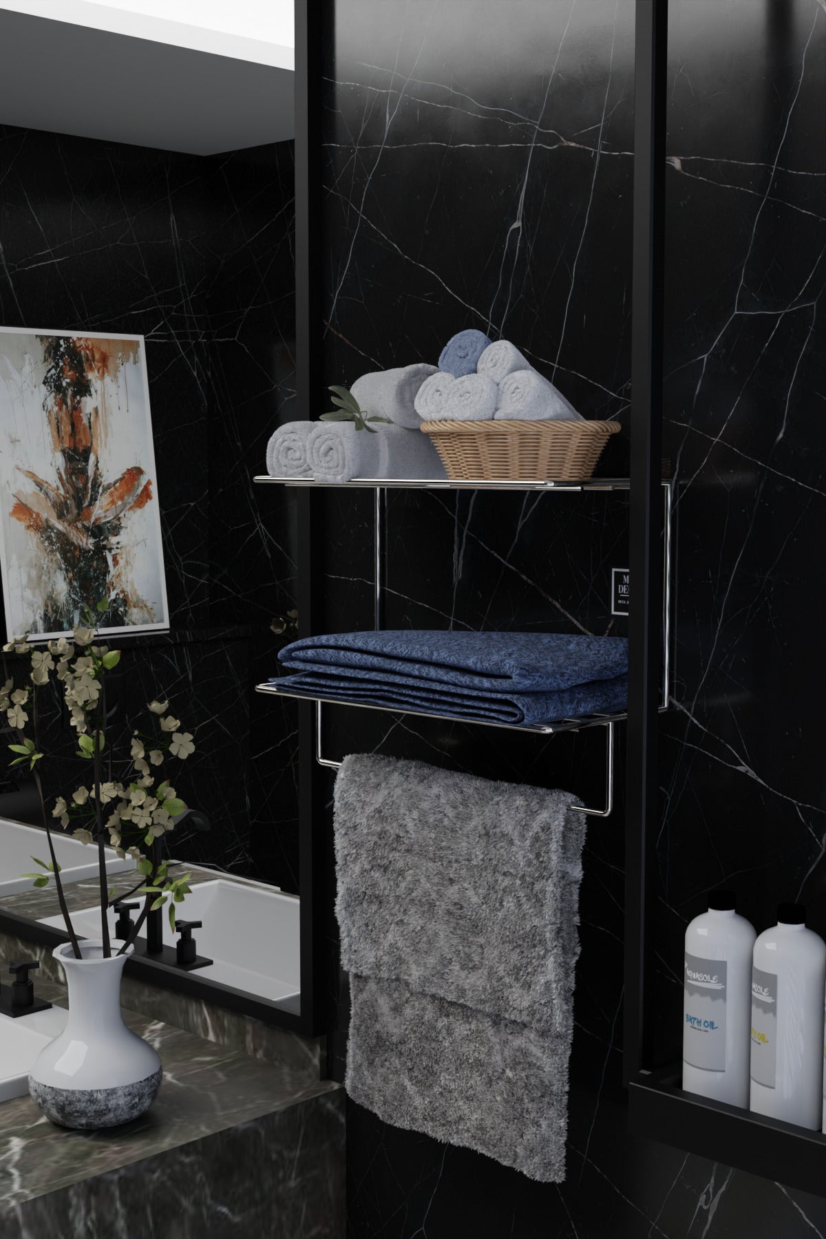 Gümüş Metal Yapışkanlı 2 Katlı Banyo Rafı | Havluluk Askılı Montaj Gerektirmeyen Duvar Rafı