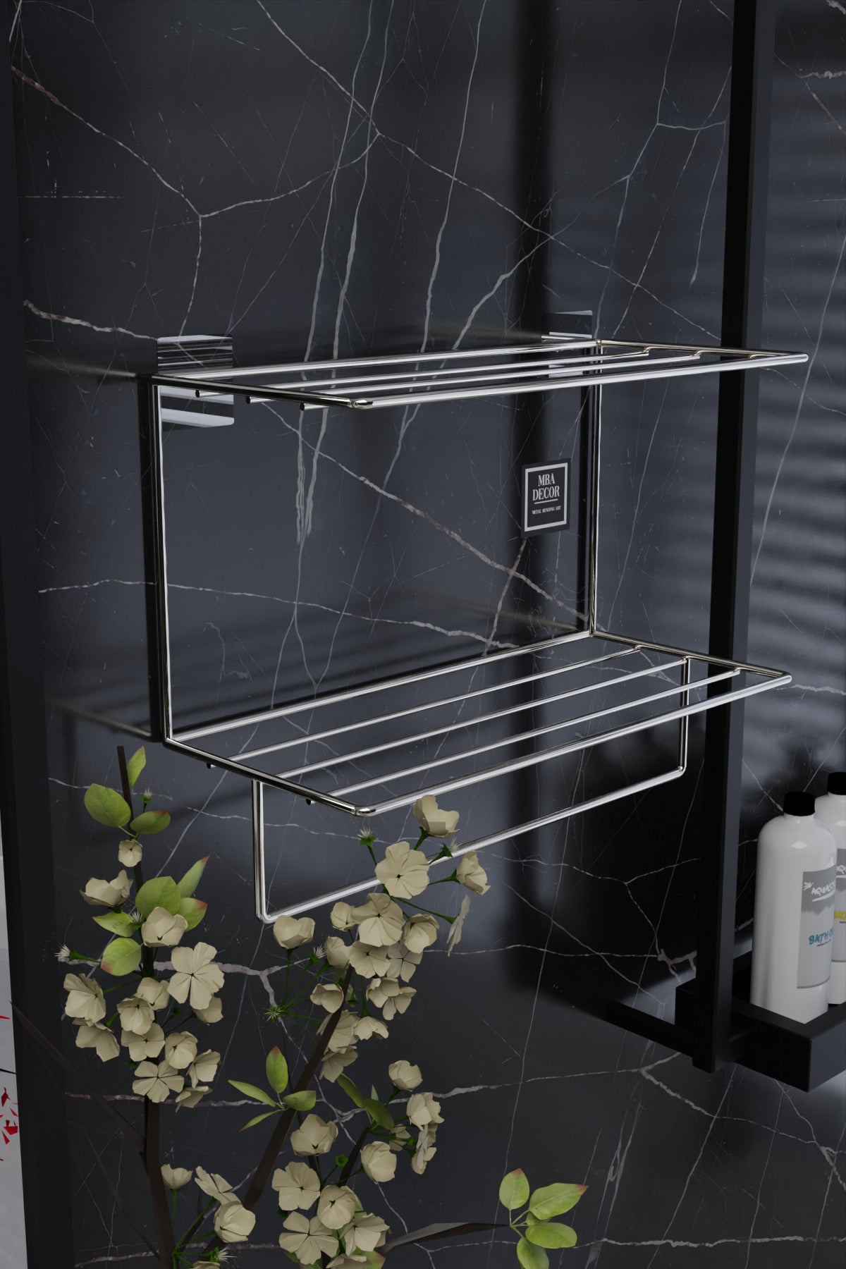 Gümüş Metal Yapışkanlı 2 Katlı Banyo Rafı | Havluluk Askılı Montaj Gerektirmeyen Duvar Rafı
