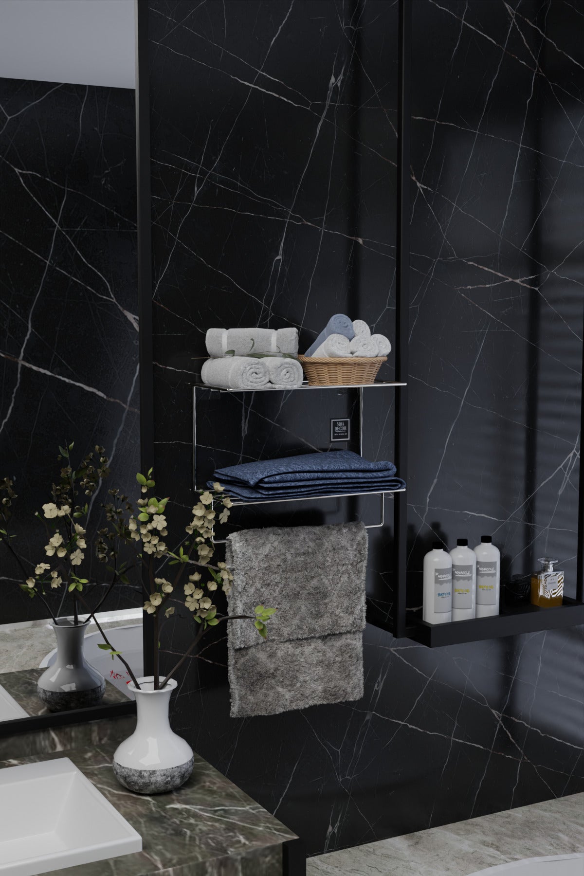 Gümüş Metal Yapışkanlı 2 Katlı Banyo Rafı | Havluluk Askılı Montaj Gerektirmeyen Duvar Rafı