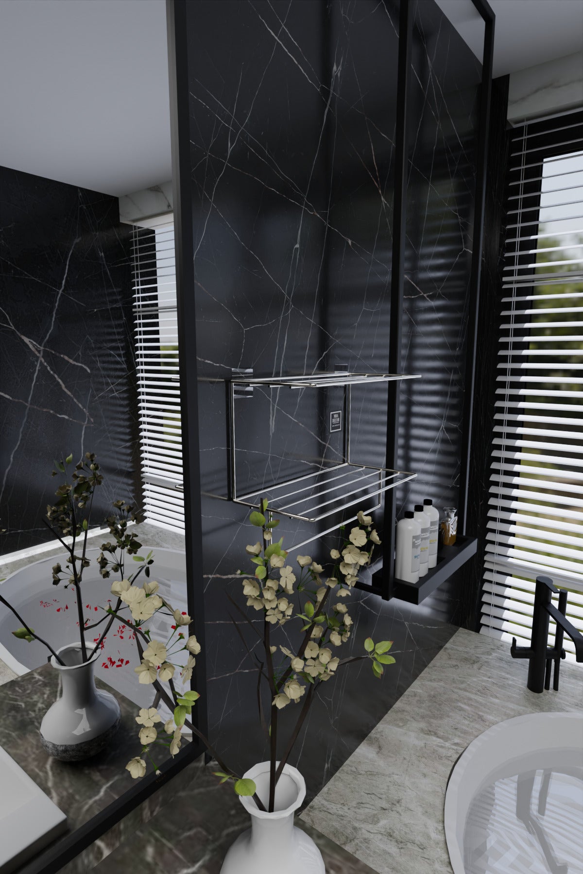 Gümüş Metal Yapışkanlı 2 Katlı Banyo Rafı | Havluluk Askılı Montaj Gerektirmeyen Duvar Rafı