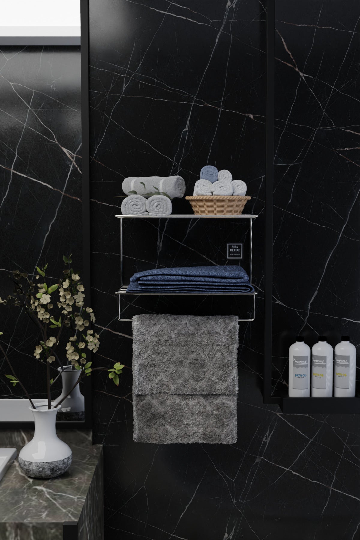 Gümüş Metal Yapışkanlı 2 Katlı Banyo Rafı | Havluluk Askılı Montaj Gerektirmeyen Duvar Rafı