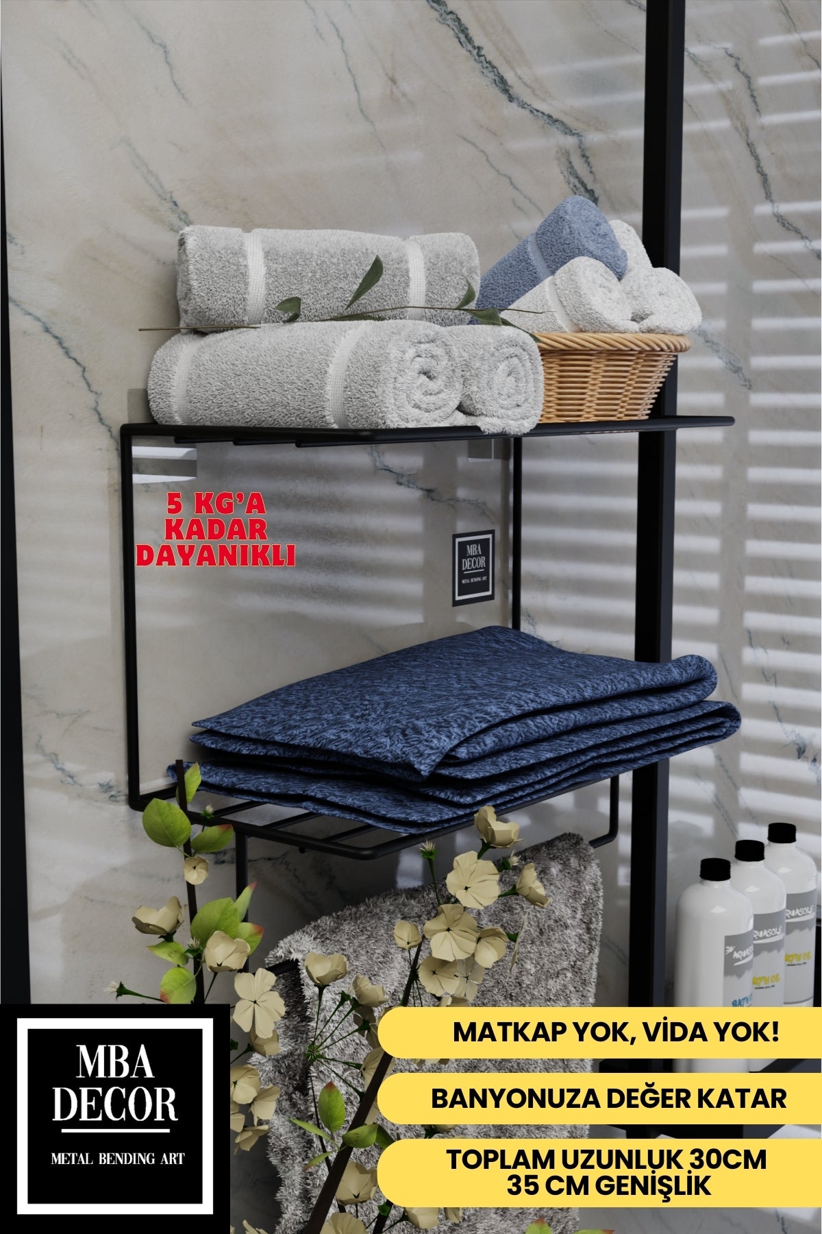 Siyah Metal Yapışkanlı 2 Katlı Banyo Rafı | Havluluk Askılı Montaj Gerektirmeyen Duvar Rafı
