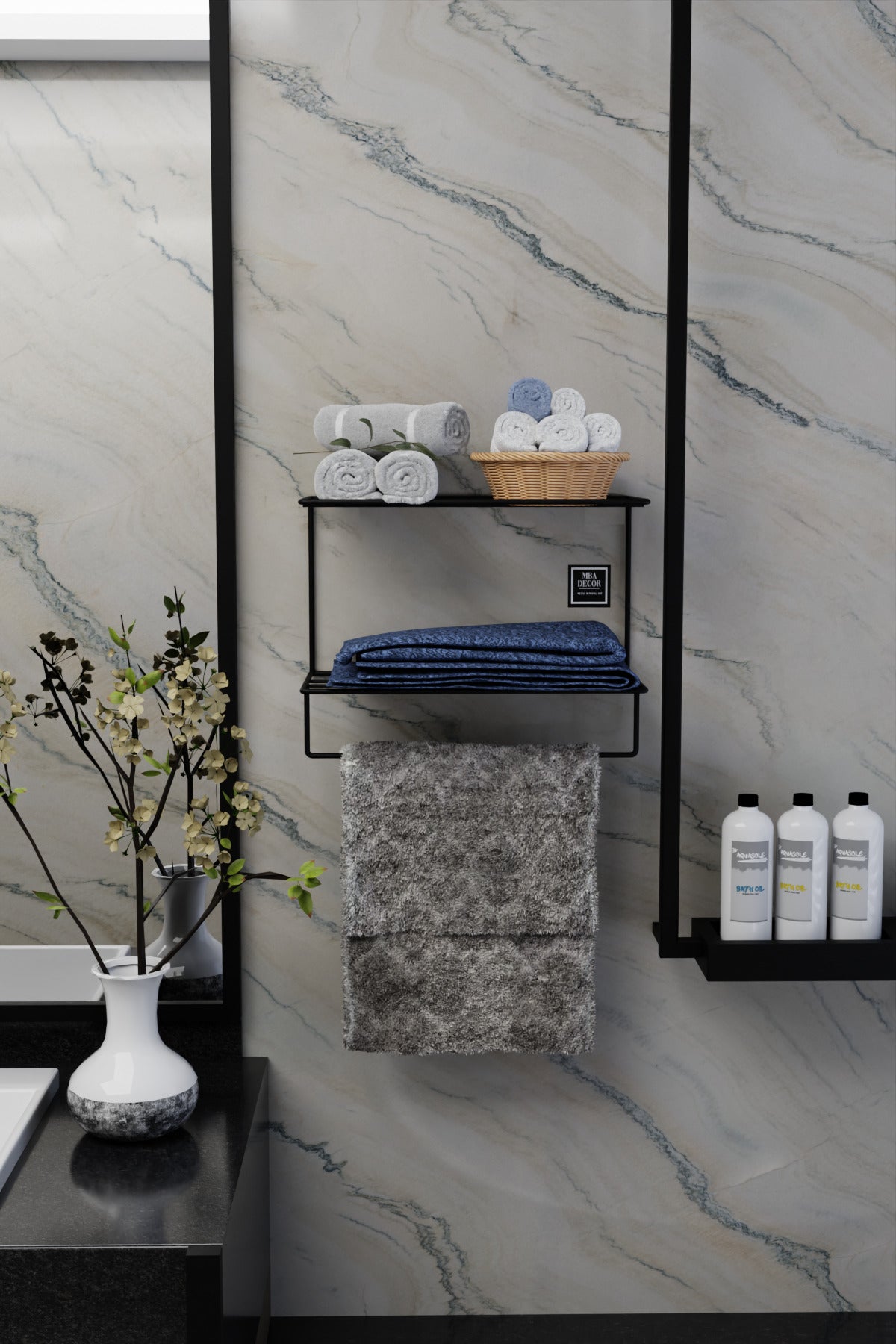 Siyah Metal Yapışkanlı 2 Katlı Banyo Rafı | Havluluk Askılı Montaj Gerektirmeyen Duvar Rafı