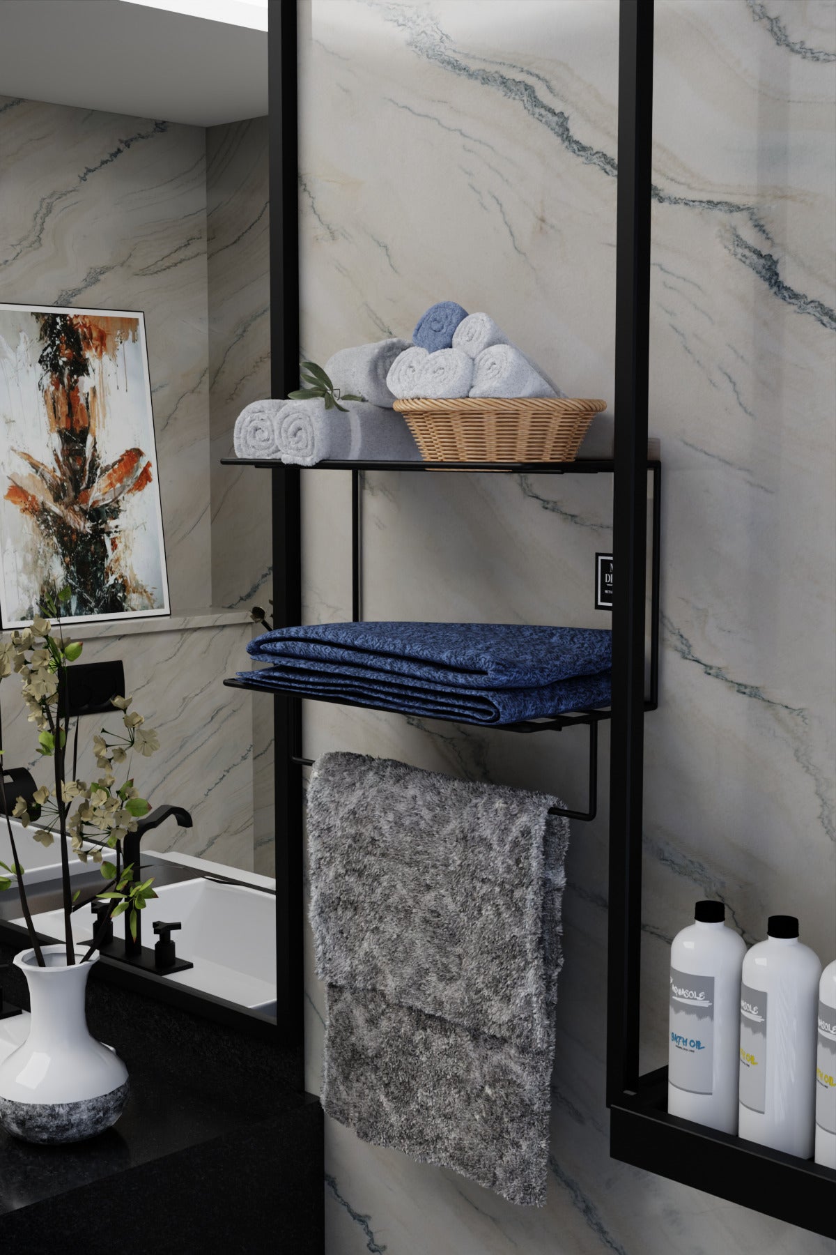 Siyah Metal Yapışkanlı 2 Katlı Banyo Rafı | Havluluk Askılı Montaj Gerektirmeyen Duvar Rafı