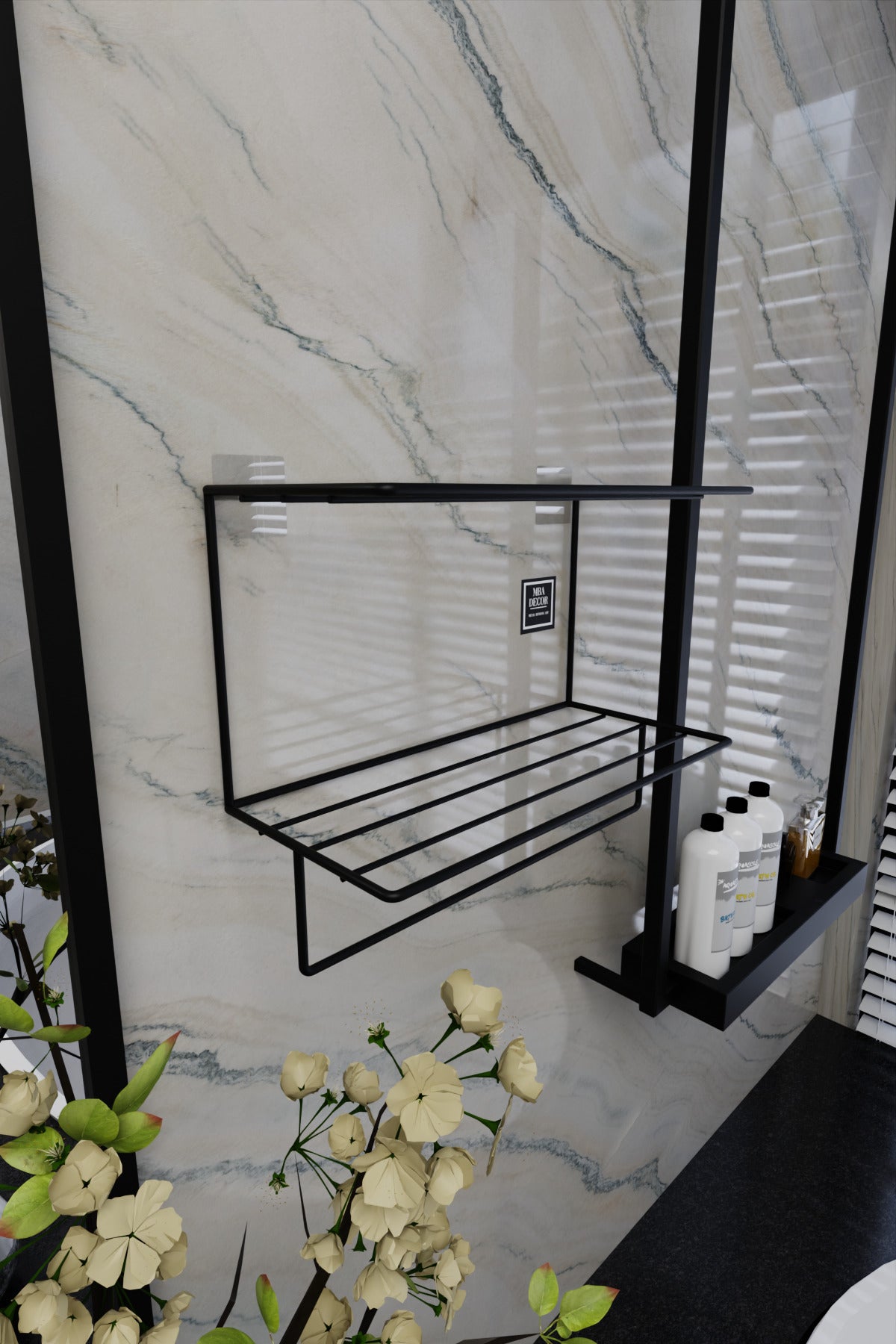 Siyah Metal Yapışkanlı 2 Katlı Banyo Rafı | Havluluk Askılı Montaj Gerektirmeyen Duvar Rafı