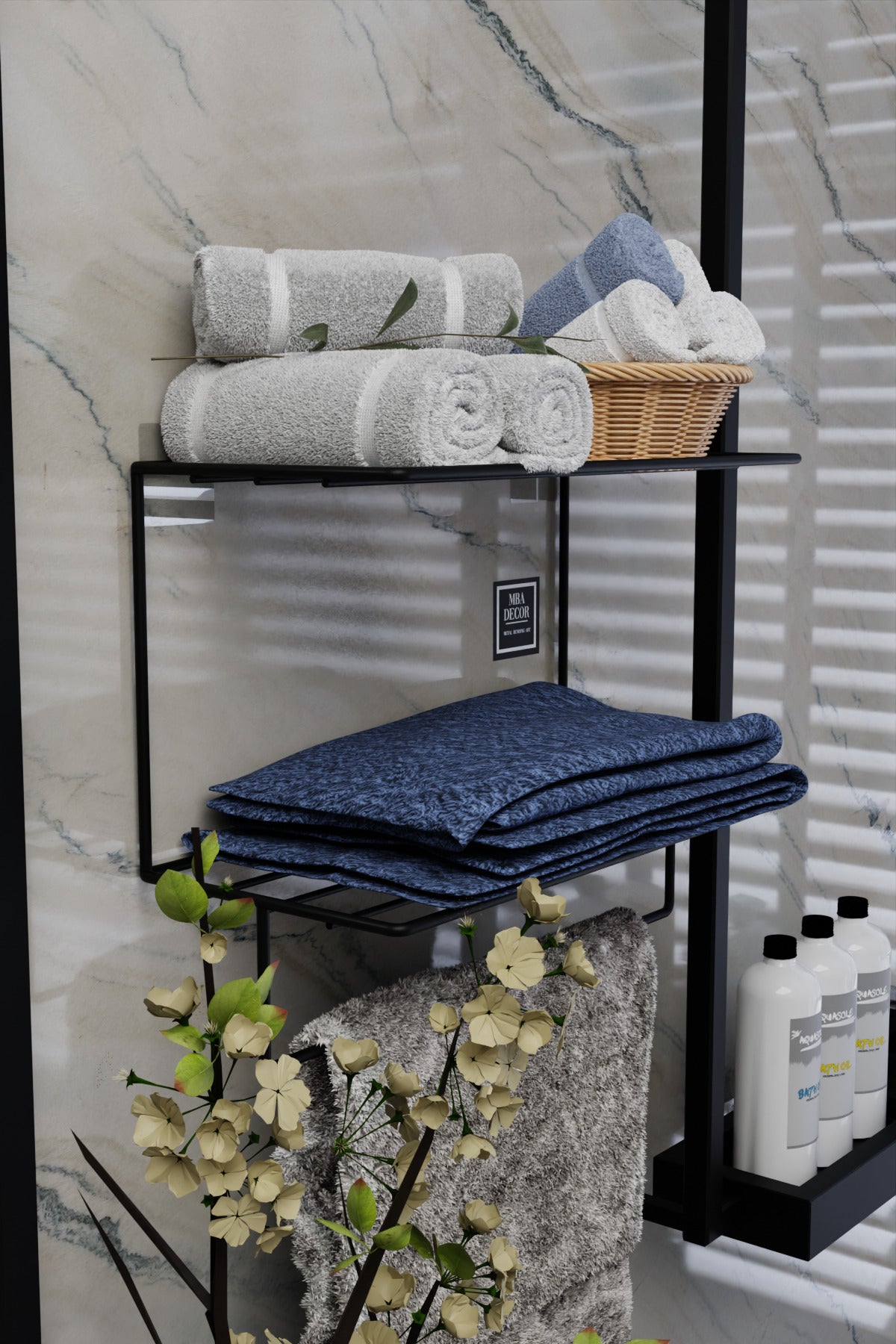 Siyah Metal Yapışkanlı 2 Katlı Banyo Rafı | Havluluk Askılı Montaj Gerektirmeyen Duvar Rafı