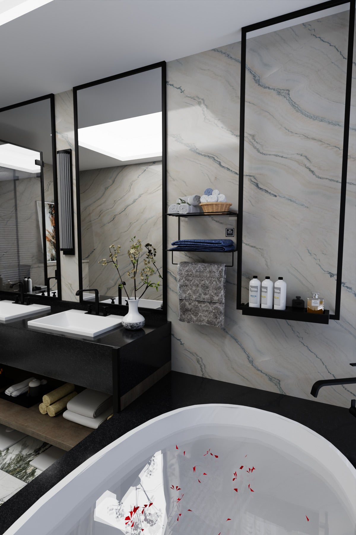 Siyah Metal Yapışkanlı 2 Katlı Banyo Rafı | Havluluk Askılı Montaj Gerektirmeyen Duvar Rafı