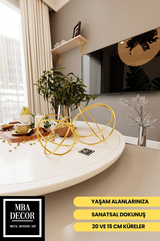 Orbit Luxe Gold 2'li Dekoratif Metal Küre Seti Masa Üstü Aksesuar Modern Ev Ofis Süs Eşyası