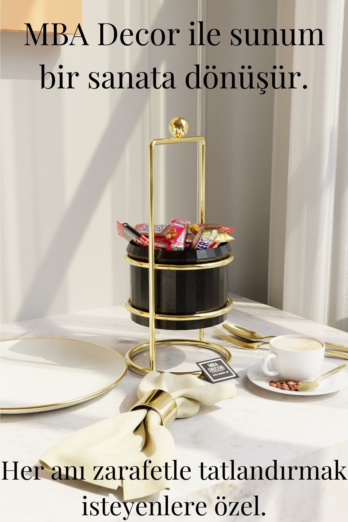 MBA Decor Siyah Gold Şekerlik – Modern Ayaklı Sunumluk & Lokumluk | Dekoratif Hediyelik