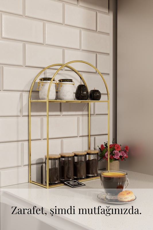 Arco Model 2 Katlı Gold Metal Masaüstü Düzenleyici – Mutfak Banyo Rafı Organizer Raf