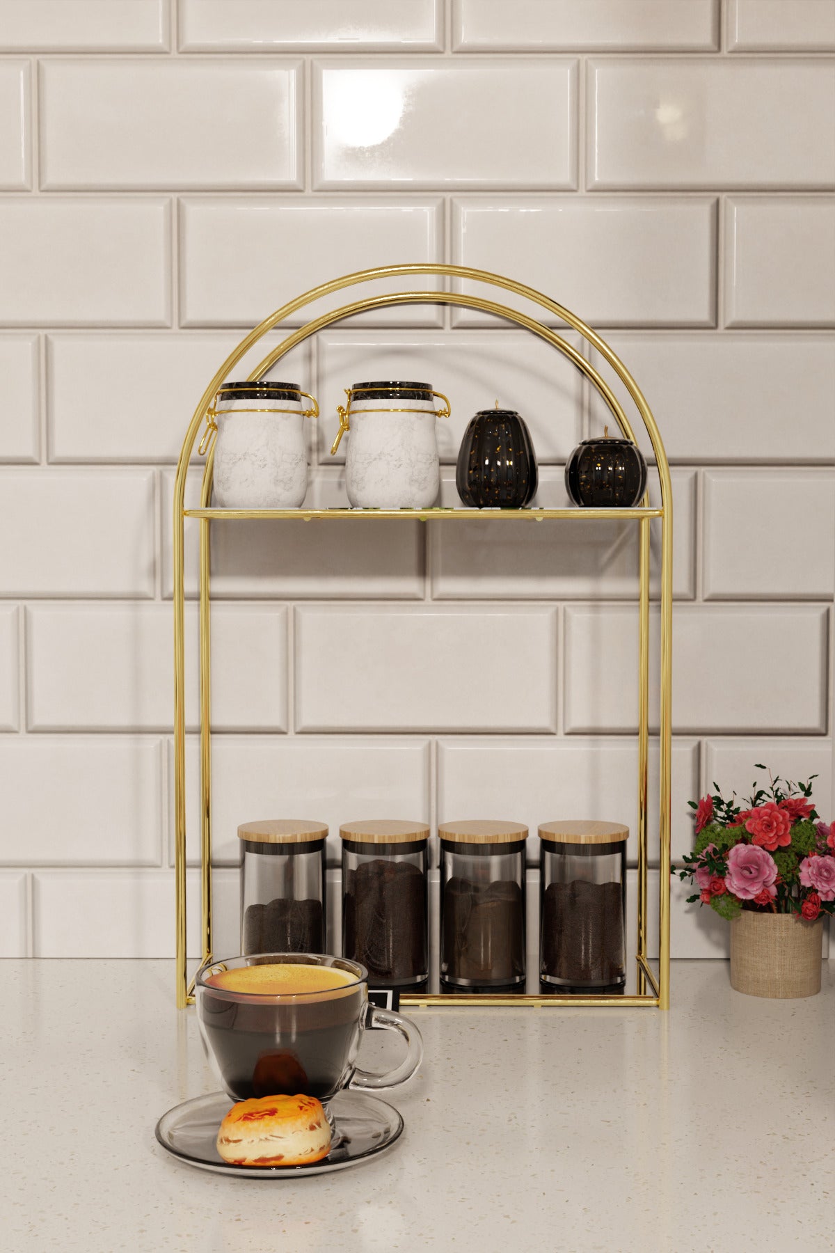 Arco Model 2 Katlı Gold Metal Masaüstü Düzenleyici – Mutfak Banyo Rafı Organizer Raf