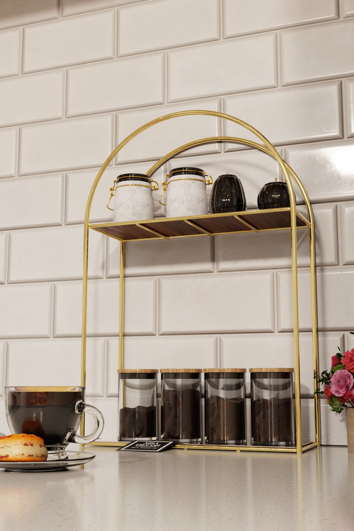 Arco Model 2 Katlı Gold Metal Masaüstü Düzenleyici – Mutfak Banyo Rafı Organizer Raf
