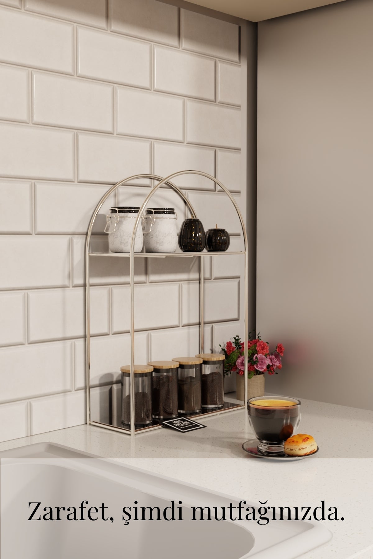Arco Model 2 Katlı Gümüş Metal Masaüstü Düzenleyici – Mutfak Banyo Rafı Organizer Raf