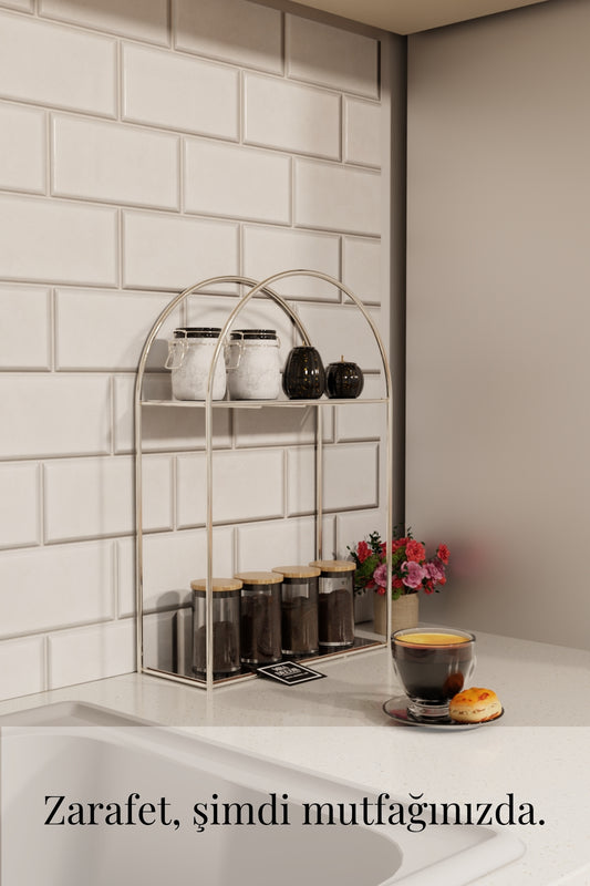 Arco Model 2 Katlı Gümüş Metal Masaüstü Düzenleyici – Mutfak Banyo Rafı Organizer Raf