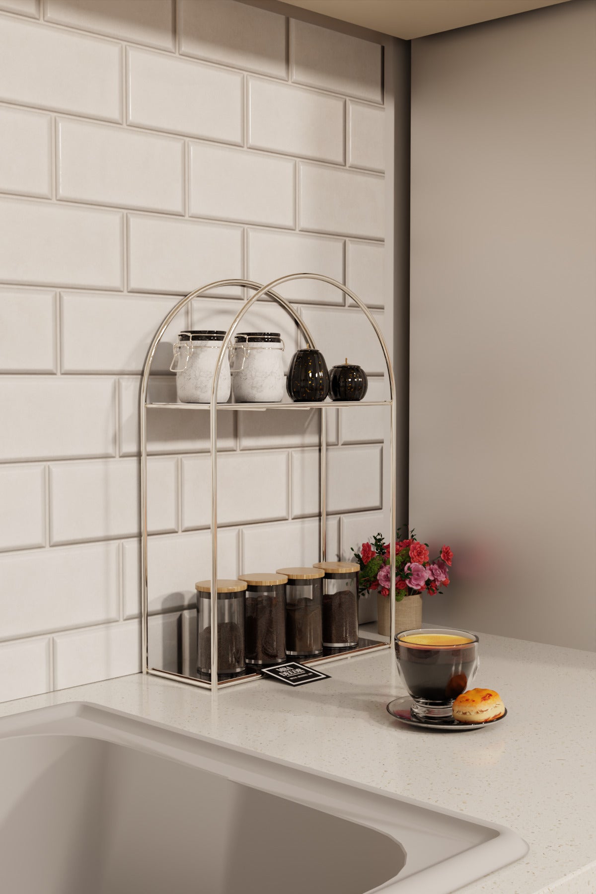 Arco Model 2 Katlı Gümüş Metal Masaüstü Düzenleyici – Mutfak Banyo Rafı Organizer Raf