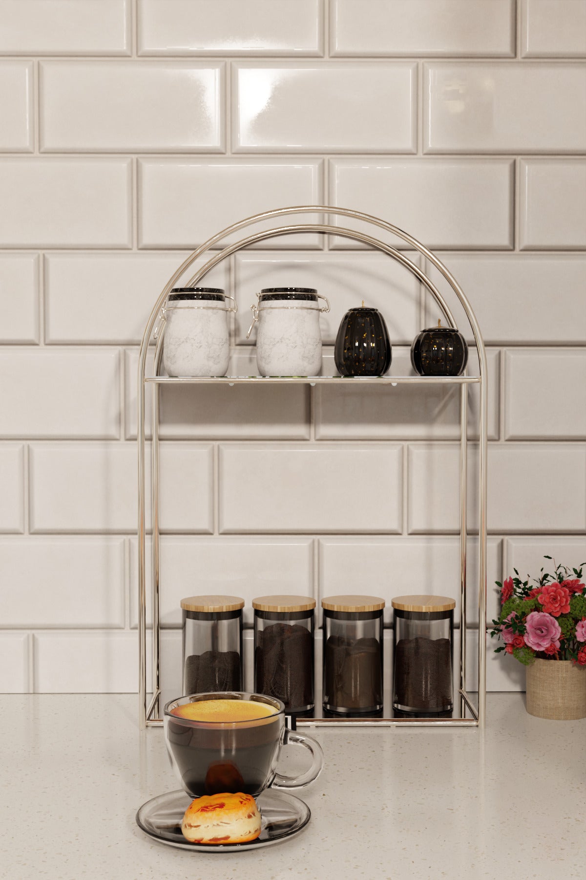 Arco Model 2 Katlı Gümüş Metal Masaüstü Düzenleyici – Mutfak Banyo Rafı Organizer Raf