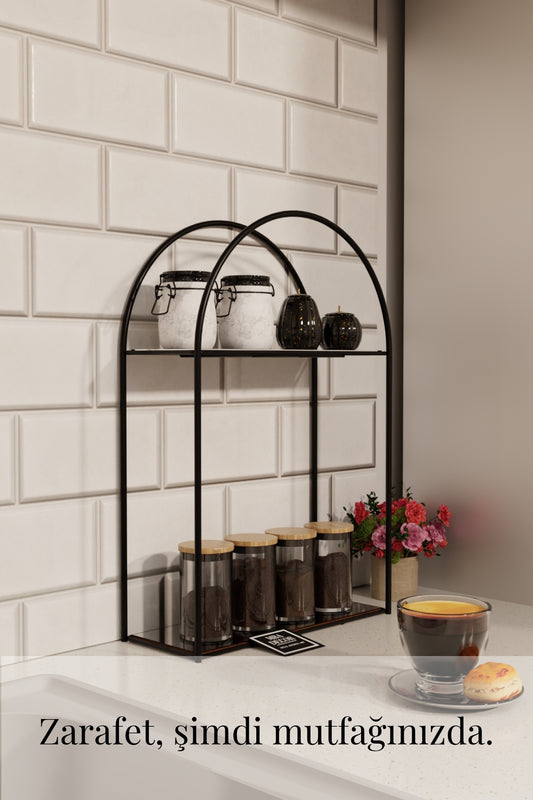Arco Model 2 Katlı Siyah Metal Masaüstü Düzenleyici – Mutfak Banyo Rafı Organizer Raf