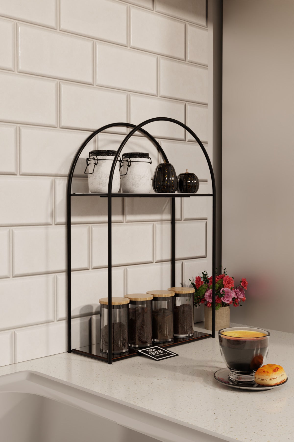 Arco Model 2 Katlı Siyah Metal Masaüstü Düzenleyici – Mutfak Banyo Rafı Organizer Raf
