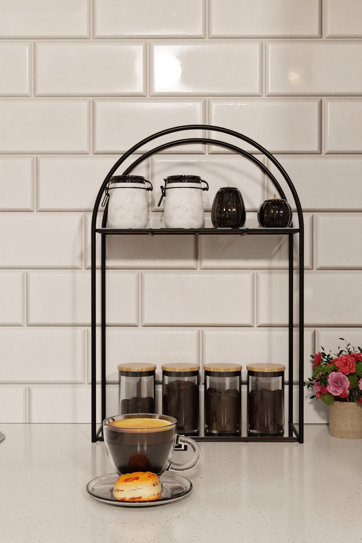 Arco Model 2 Katlı Siyah Metal Masaüstü Düzenleyici – Mutfak Banyo Rafı Organizer Raf