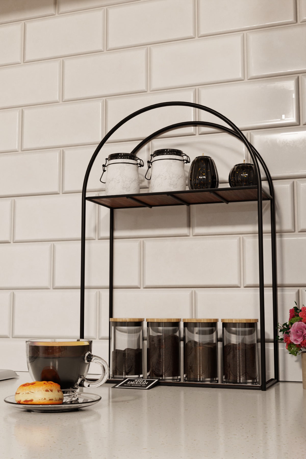 Arco Model 2 Katlı Siyah Metal Masaüstü Düzenleyici – Mutfak Banyo Rafı Organizer Raf