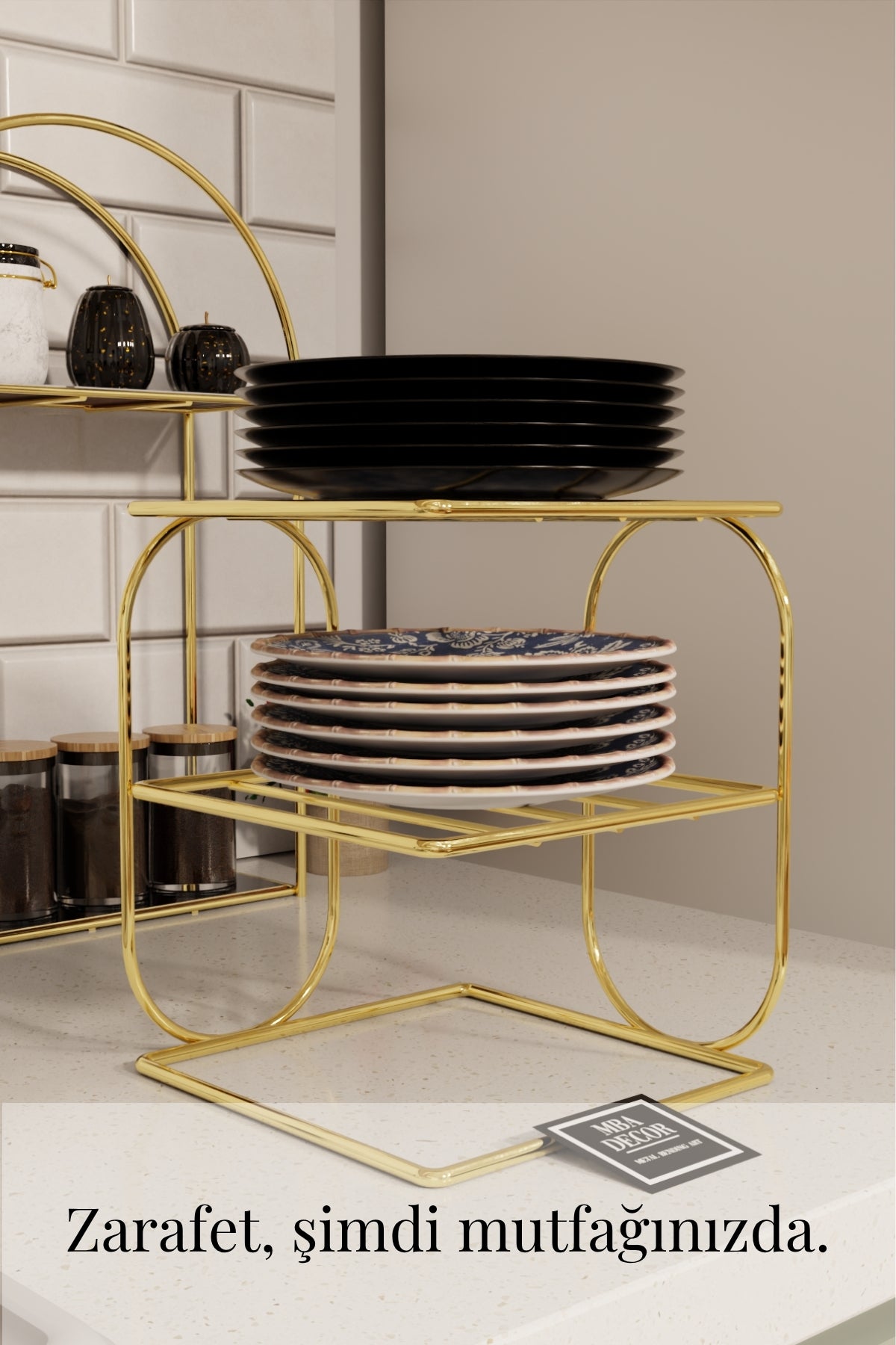 Gold Metal 2 Katlı Tabaklık – Tezgah Üstü Mutfak Düzenleyici Raf Stand Organizer